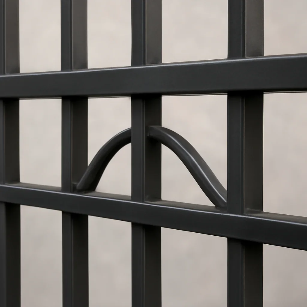 Close view of decorative metal fence panels showing clean fabrication, spacing and exterior finish