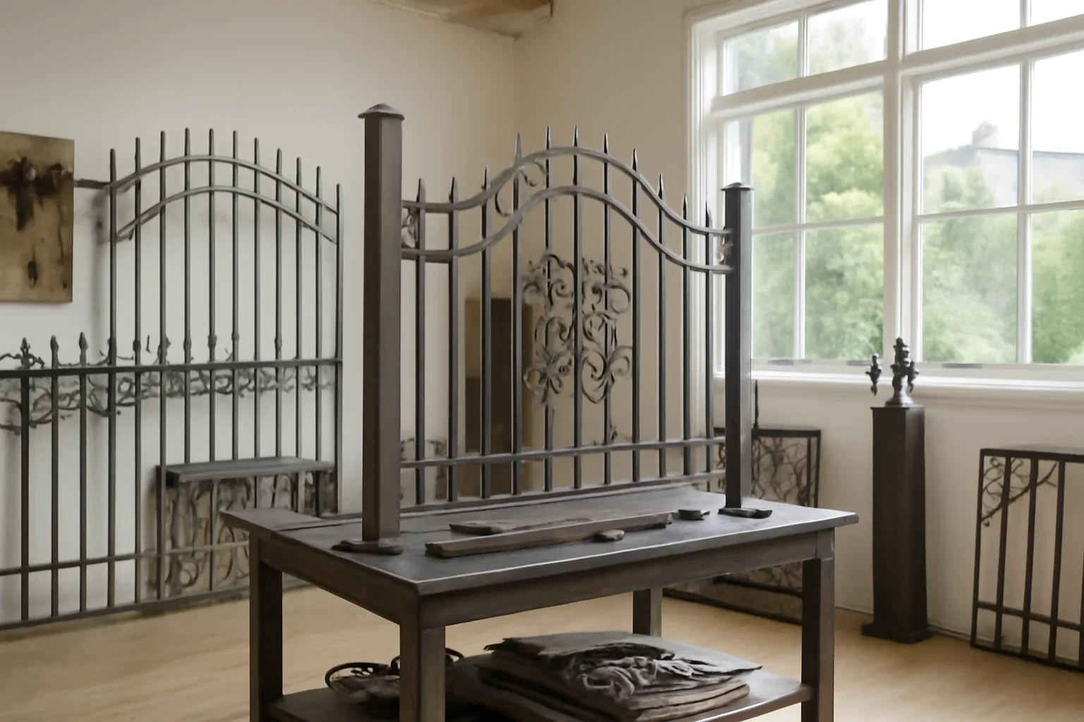 Decorative metal fence planning with architectural drawings and fabricated metal samples