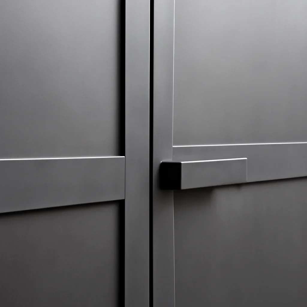 Close view of a custom metal feature door showing frame glazing hardware and finish details