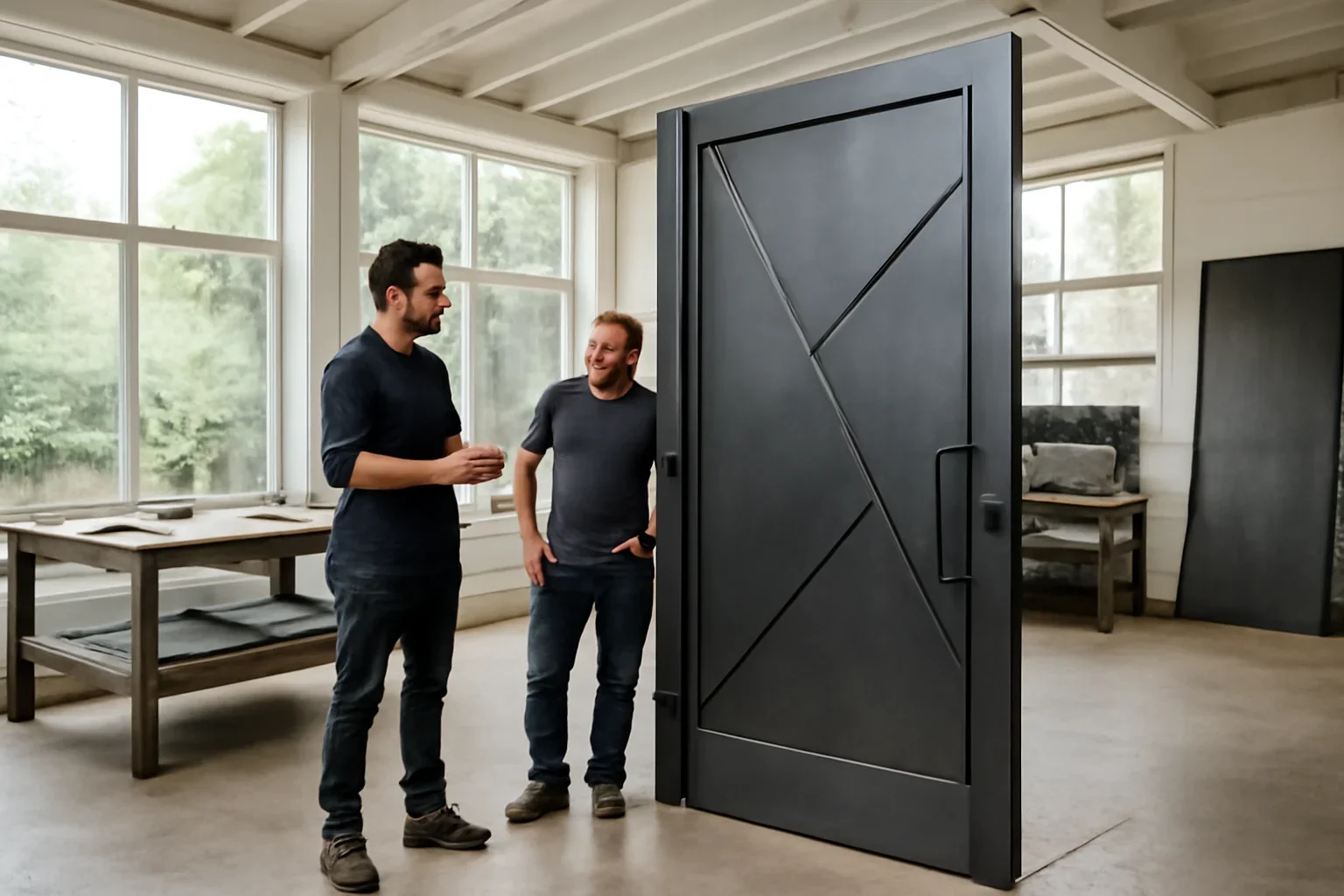 Seattle custom feature door planning session with architectural drawings and metal finish samples