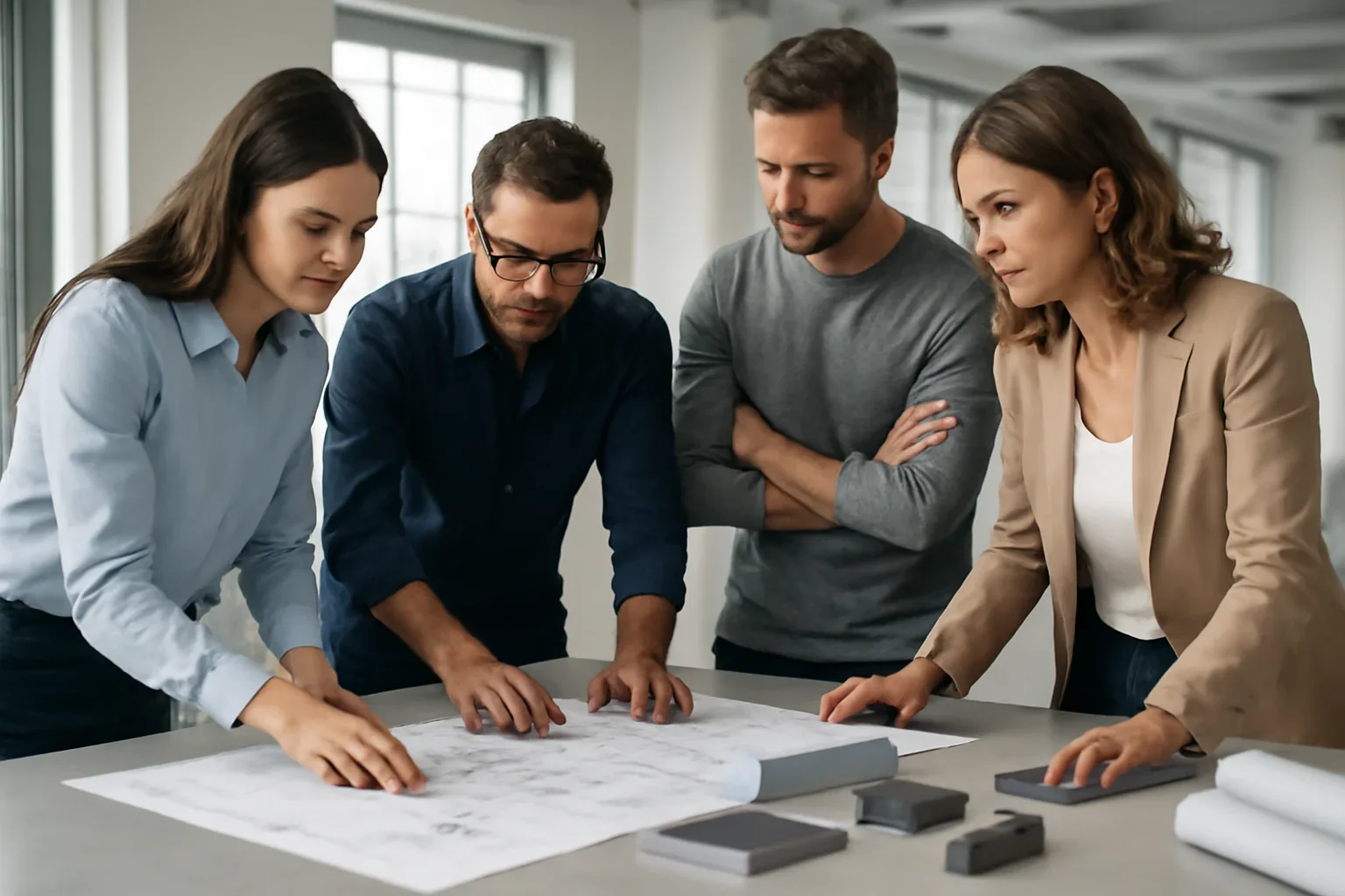 Seattle custom metalwork planning session with architectural drawings and material samples
