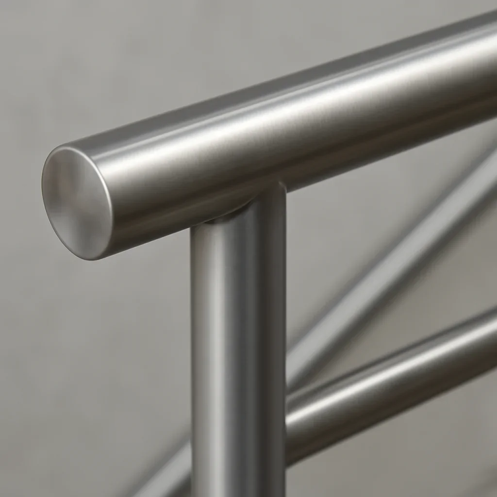 Close view of a custom metal handrail showing brackets returns finish and clean fabrication details
