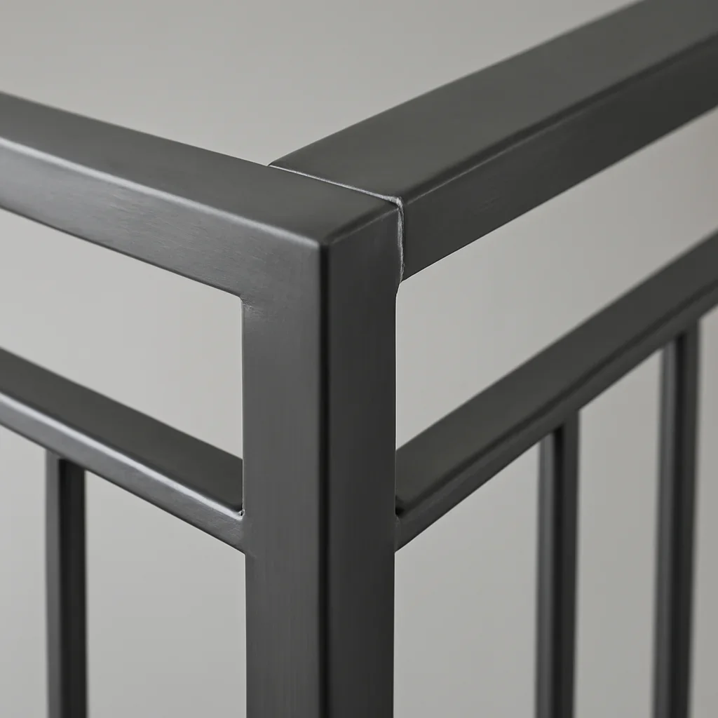 Close view of custom metal railing posts connections welds and finish details