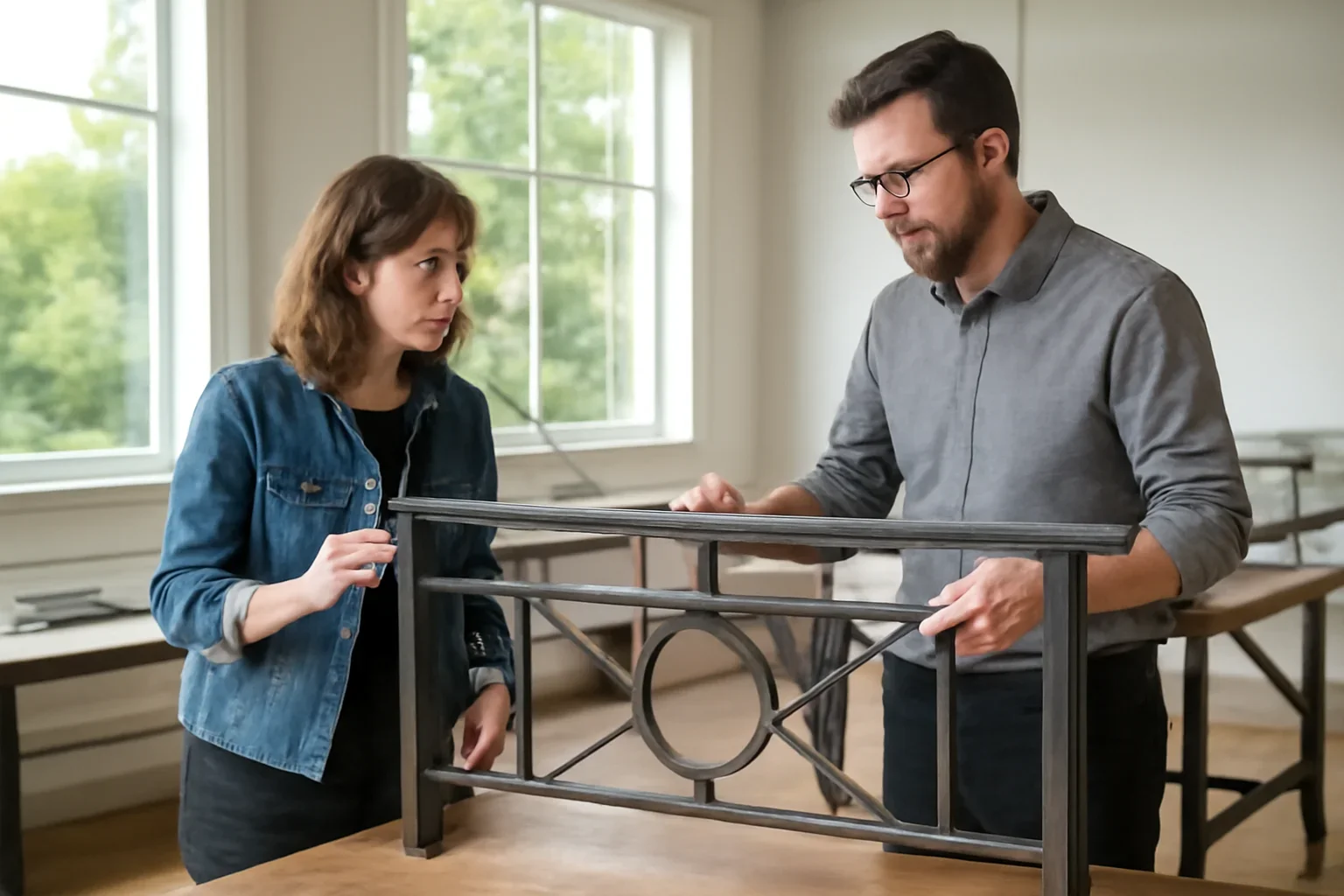 Seattle custom metal railing planning session with architectural drawings and finish samples