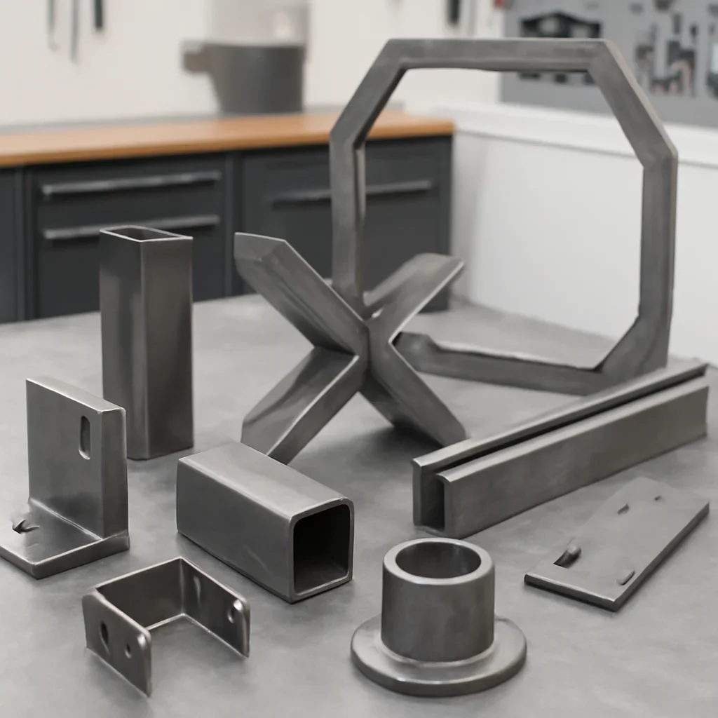 Custom metal stairs railings gates and architectural components in a fabrication workspace