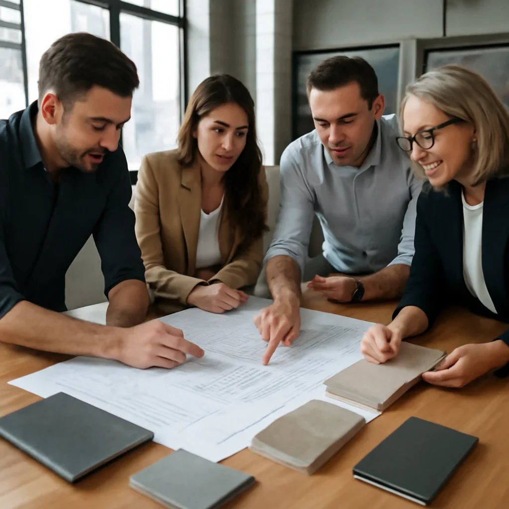 Contractor consultation with architectural drawings, measurements and custom metal finish samples