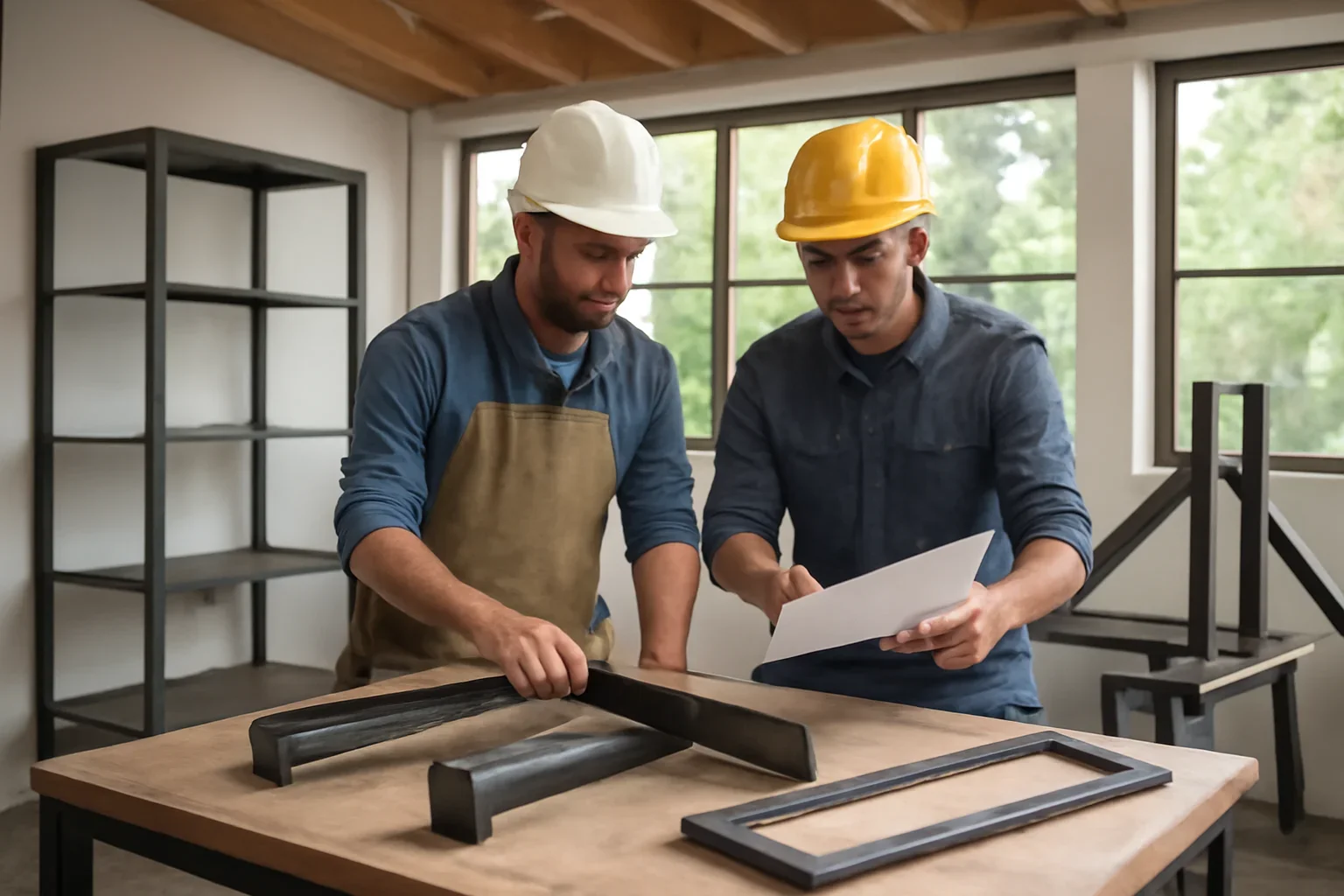 Builder and metal fabricator reviewing architectural drawings and steel details for a Seattle project