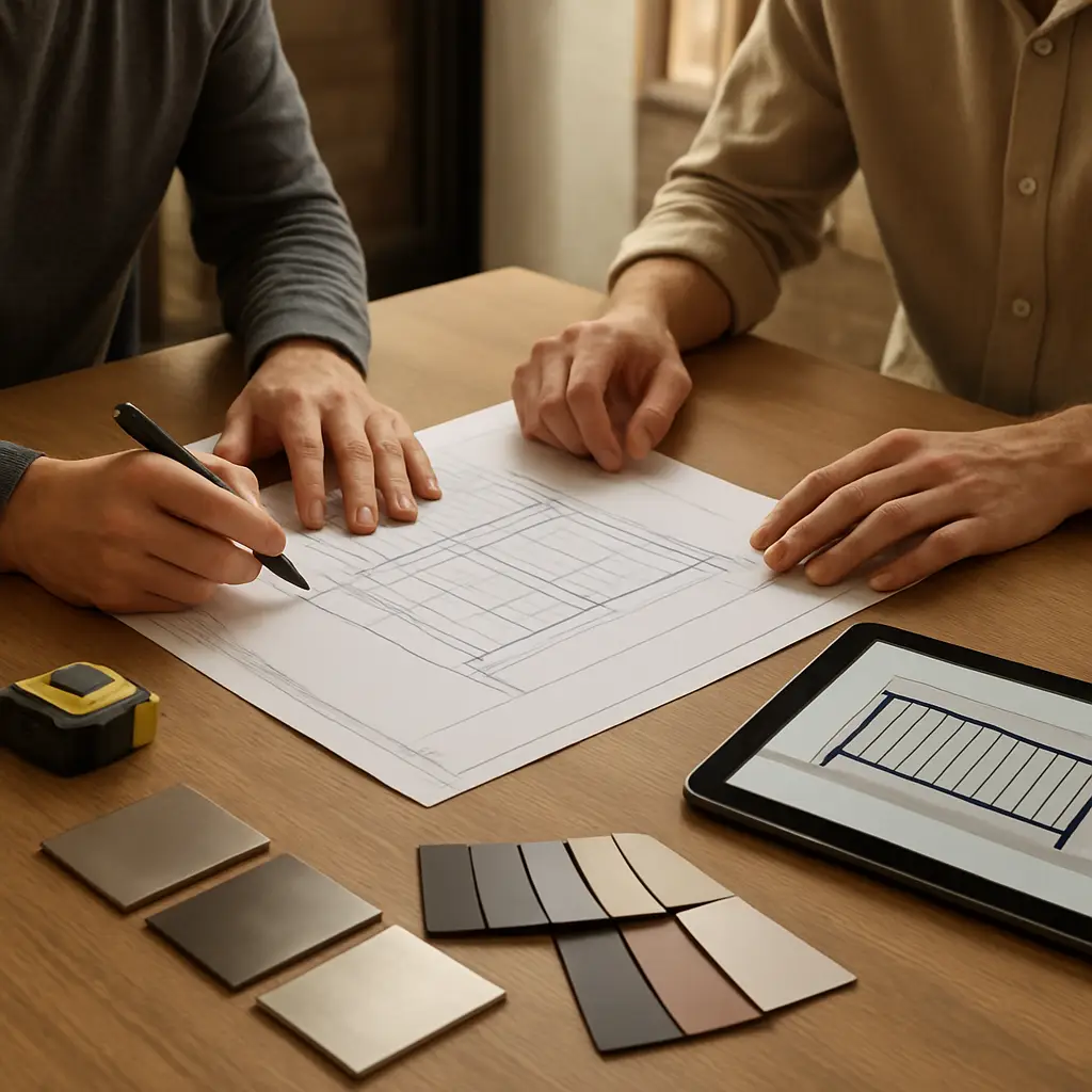Custom metal fabrication project consultation with architectural drawings and material samples