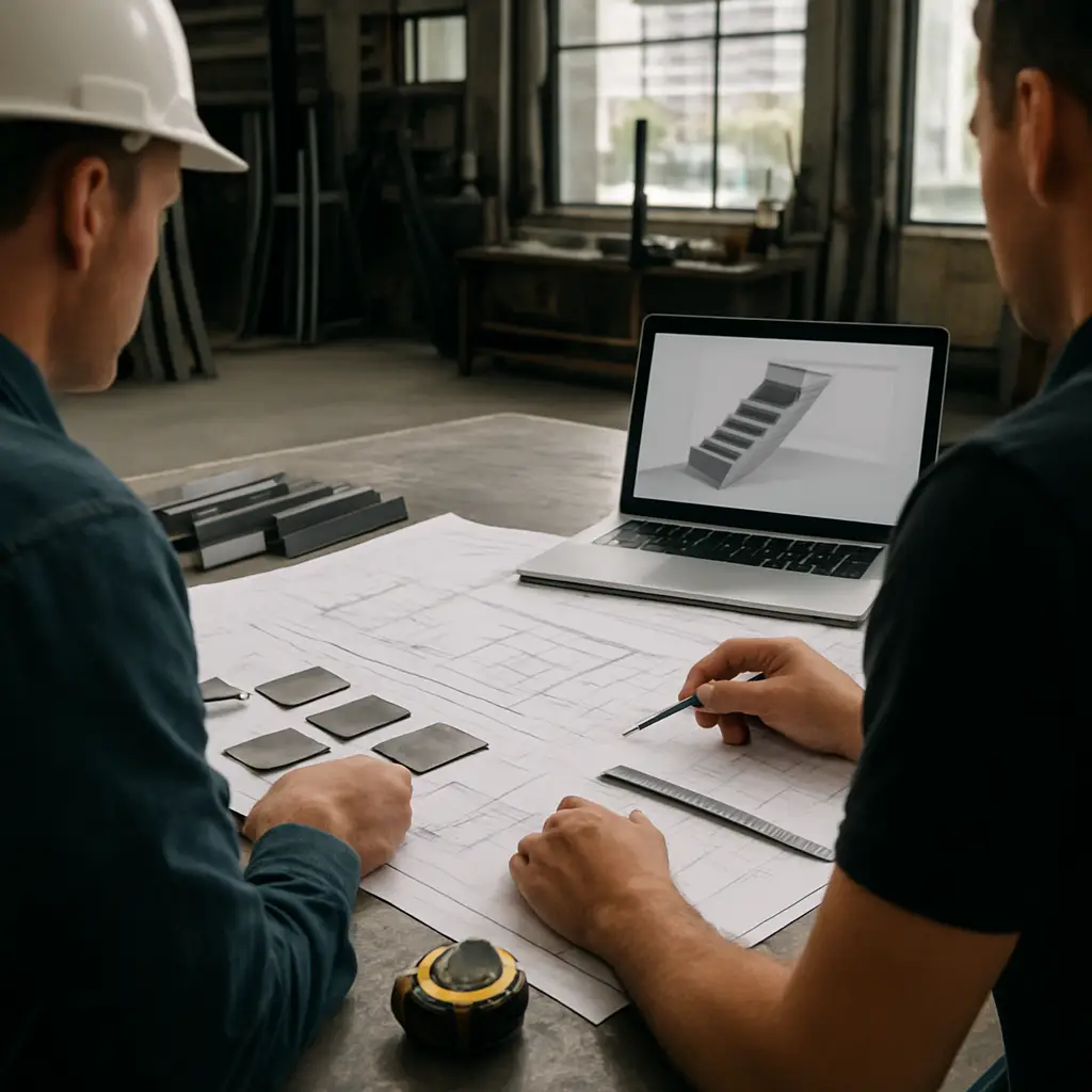 Architect, builder and metal fabricator reviewing custom metalwork drawings in Seattle