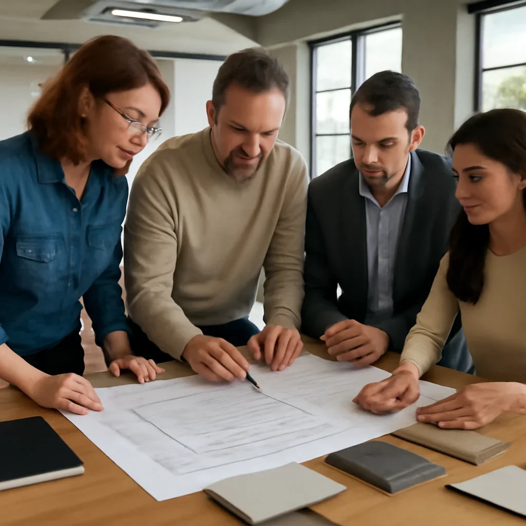 Residential metalwork consultation with drawings, finish samples and project reference materials