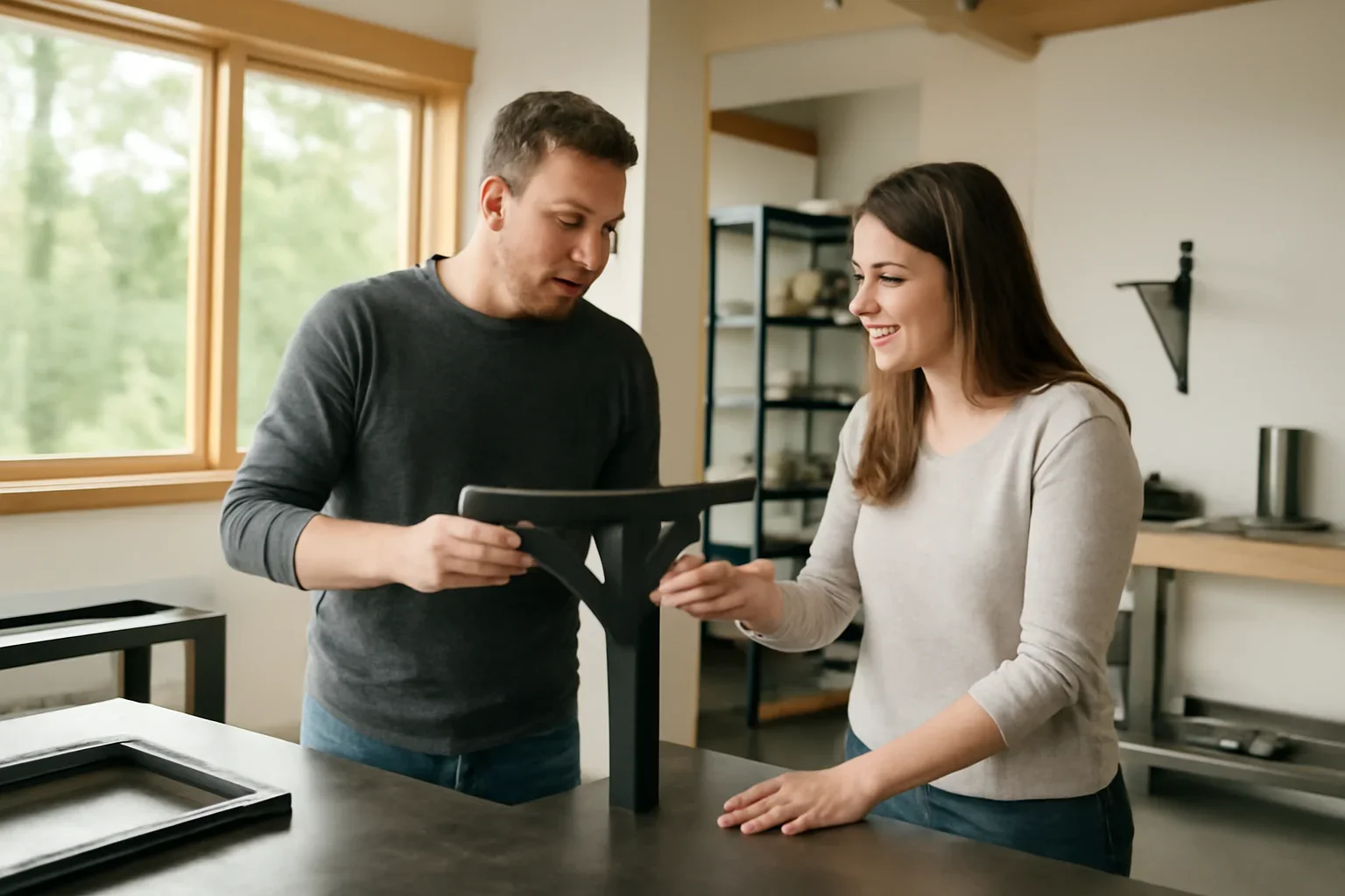 Homeowner reviewing custom architectural metal details for a Seattle-area residential project