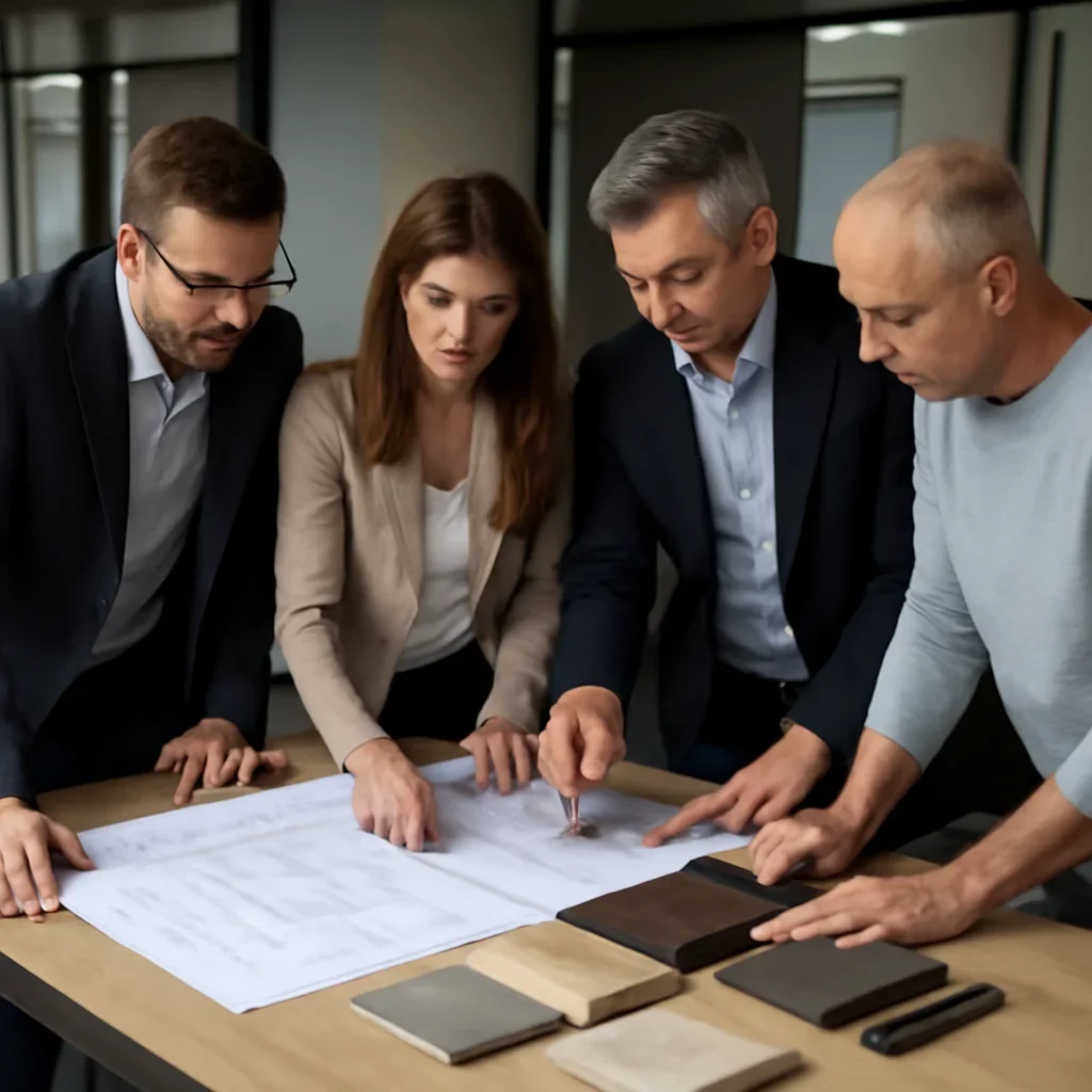 Luxury residential metalwork consultation with architectural drawings and custom finish samples