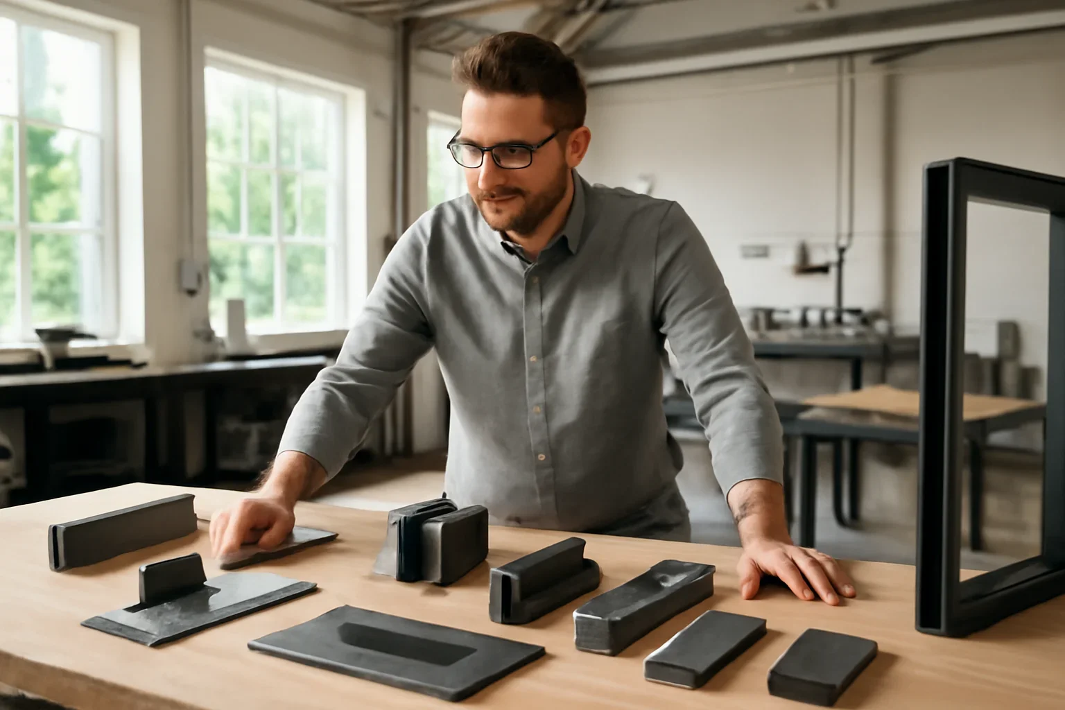Architectural metal finish samples being reviewed with custom fabrication drawings