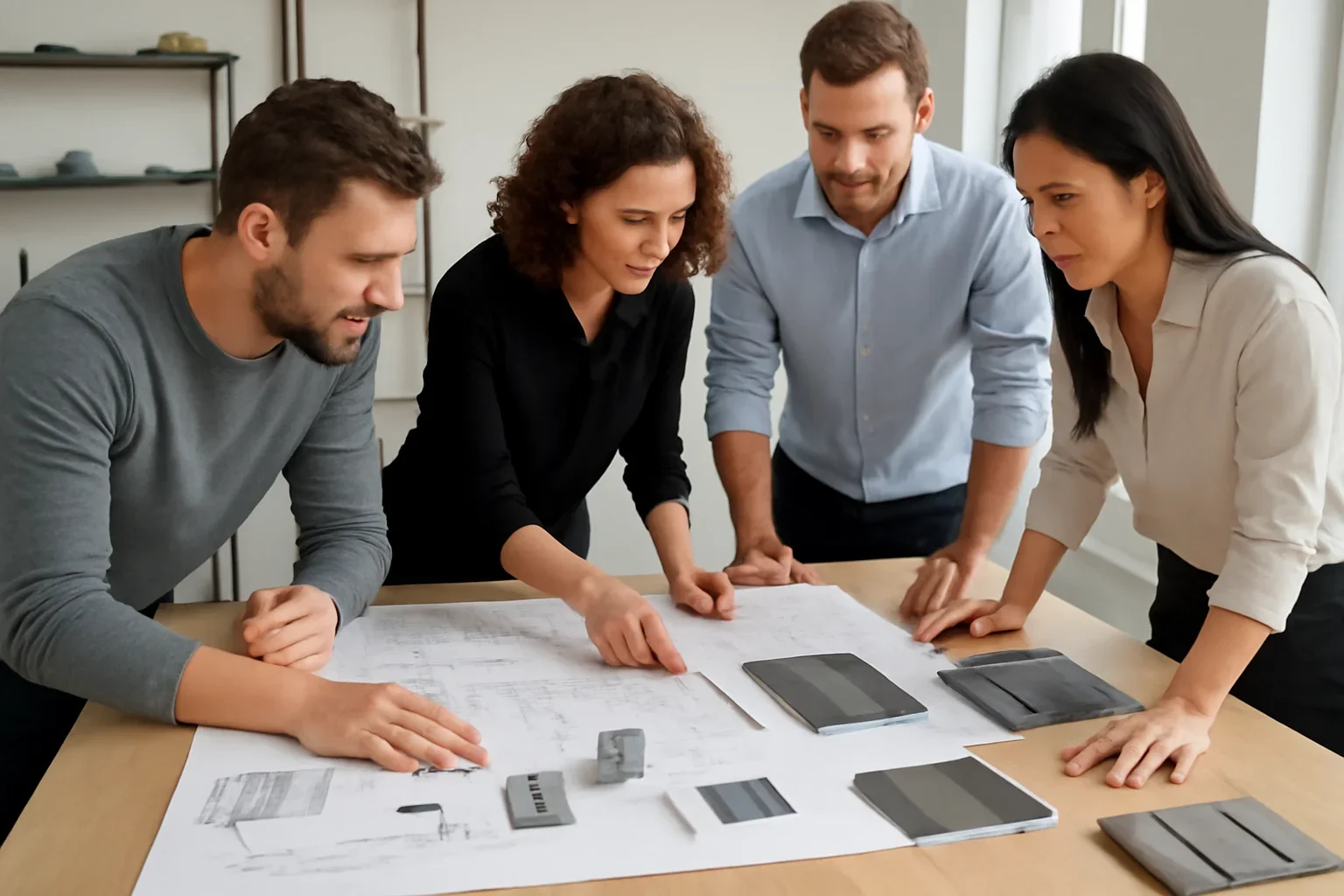 Custom metal fabrication planning session with architectural drawings and material samples