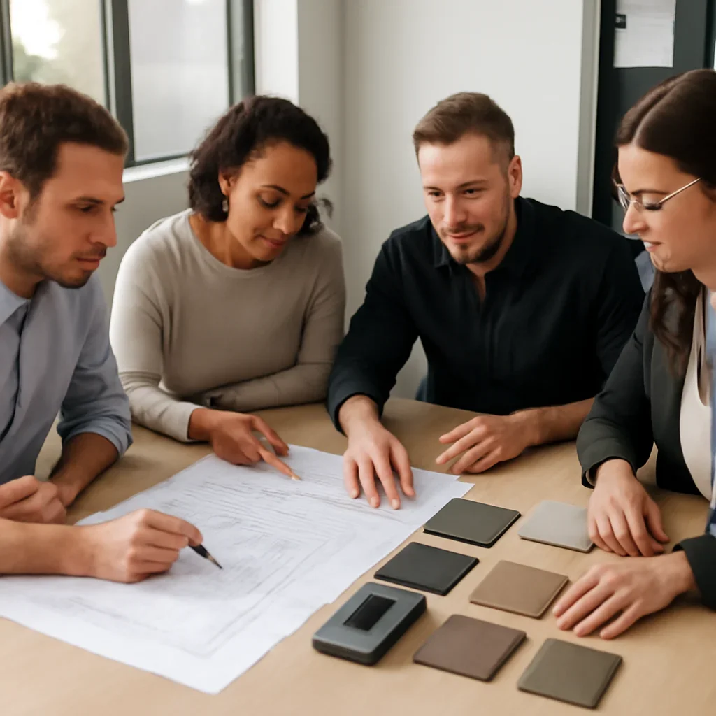 Team review for an Albany OR custom metal fabrication project with drawings, finish samples and material selections on the table