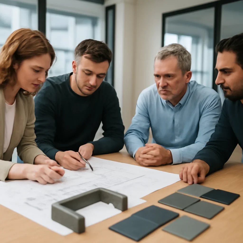 Team review for a Corvallis custom metal fabrication project with drawings, finish samples and material selections on the table