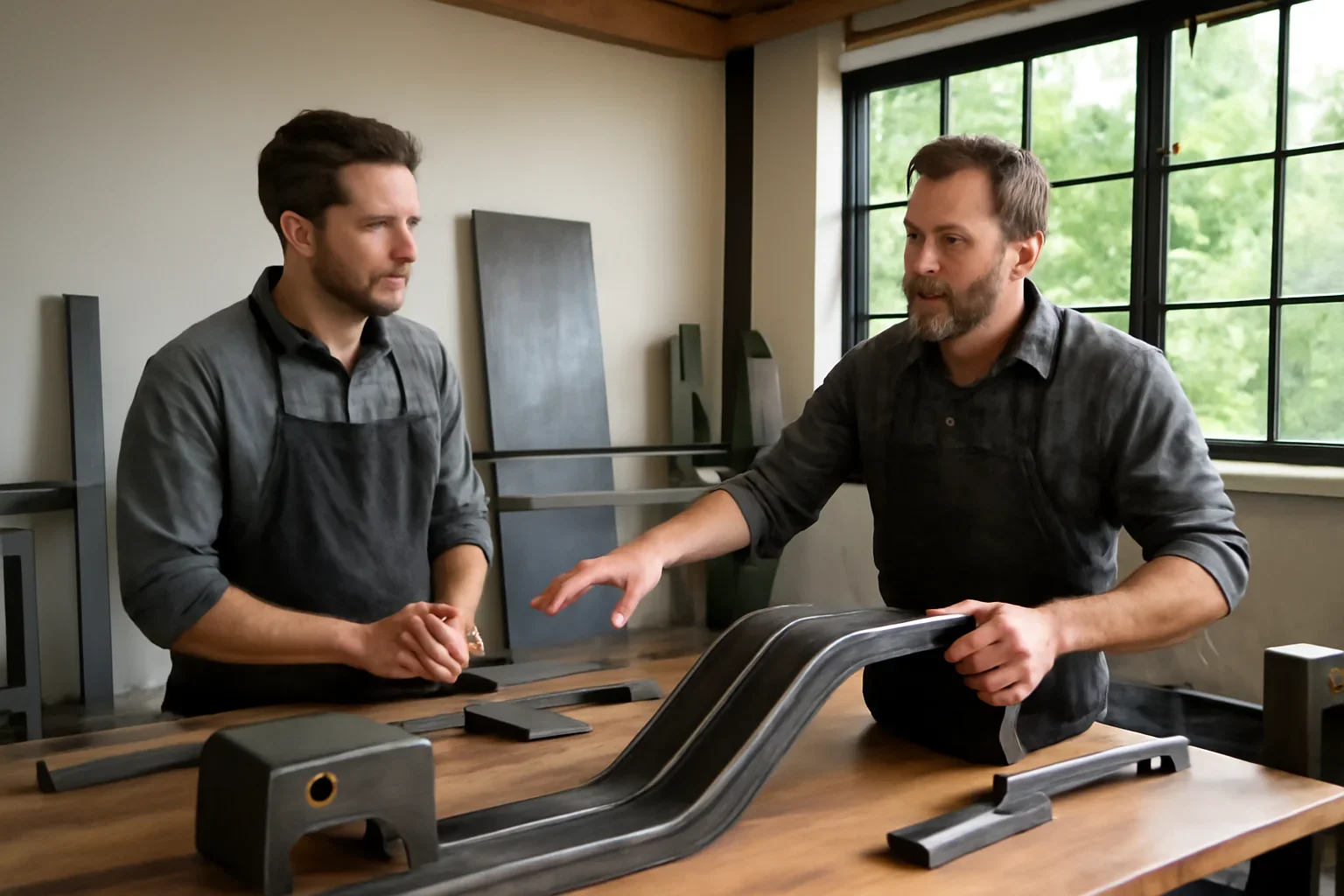 Corvallis custom metal fabrication planning session with drawings, finish samples and architectural metal details