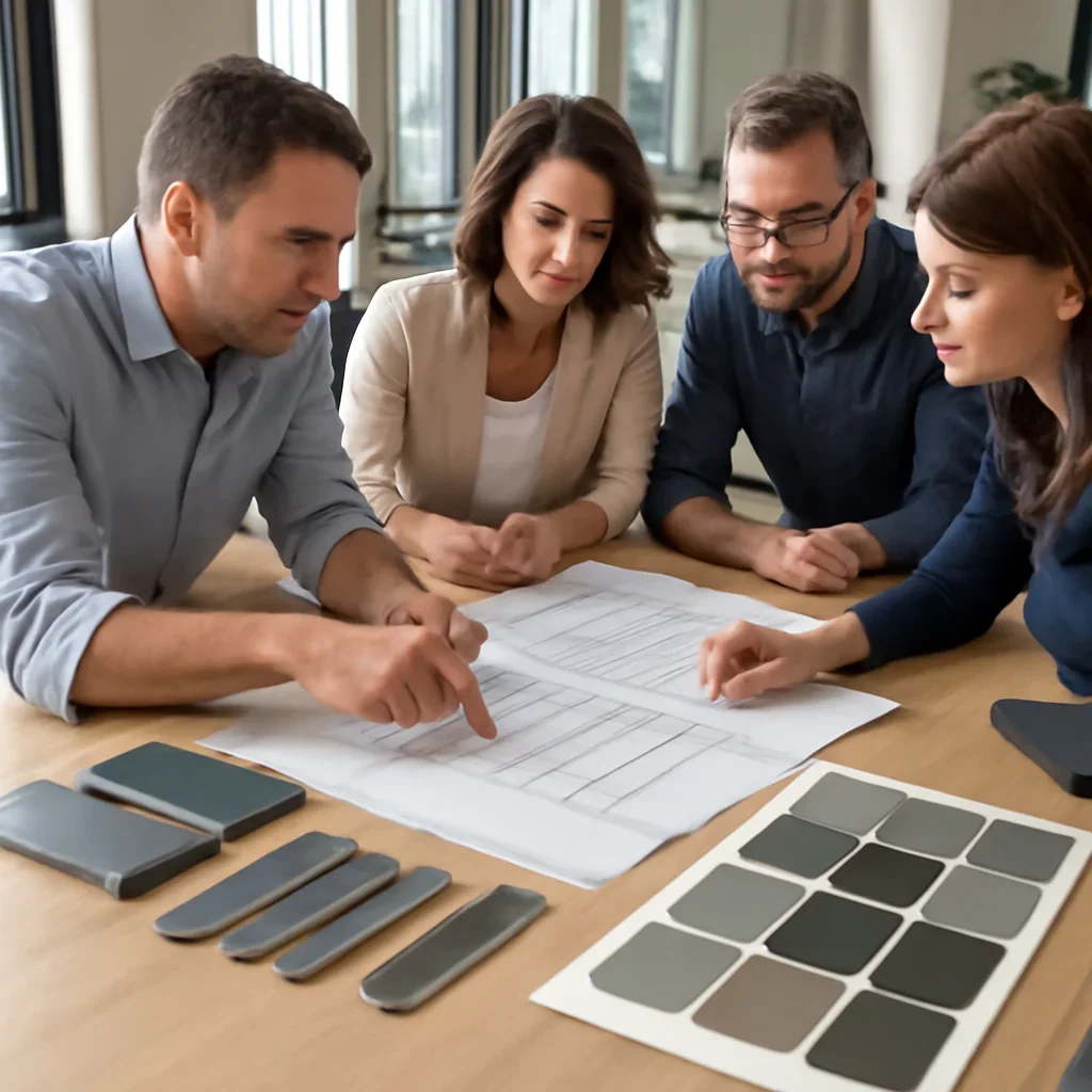 Team review for a Grants Pass custom metal fabrication project with drawings, finish samples and material selections on the table