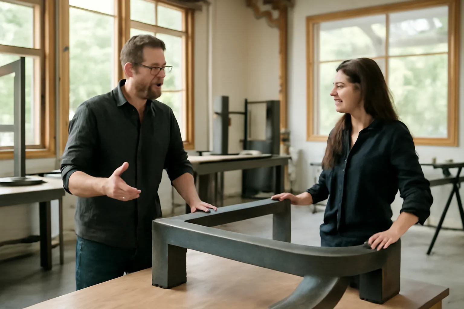 Oregon metal fabrication planning session with drawings, finish samples and custom architectural metal details