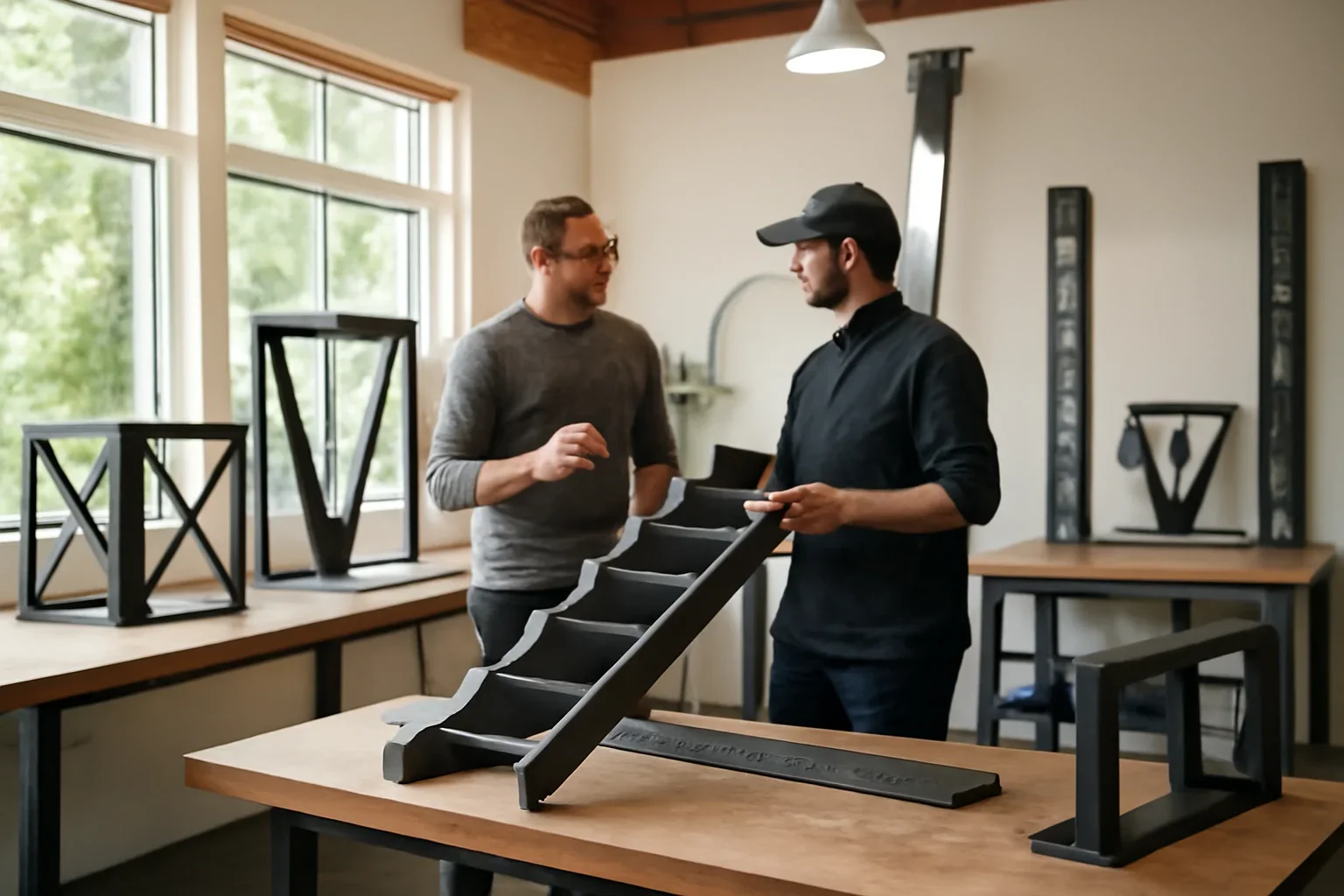 McMinnville custom metal fabrication planning session with drawings, material samples and architectural metal details