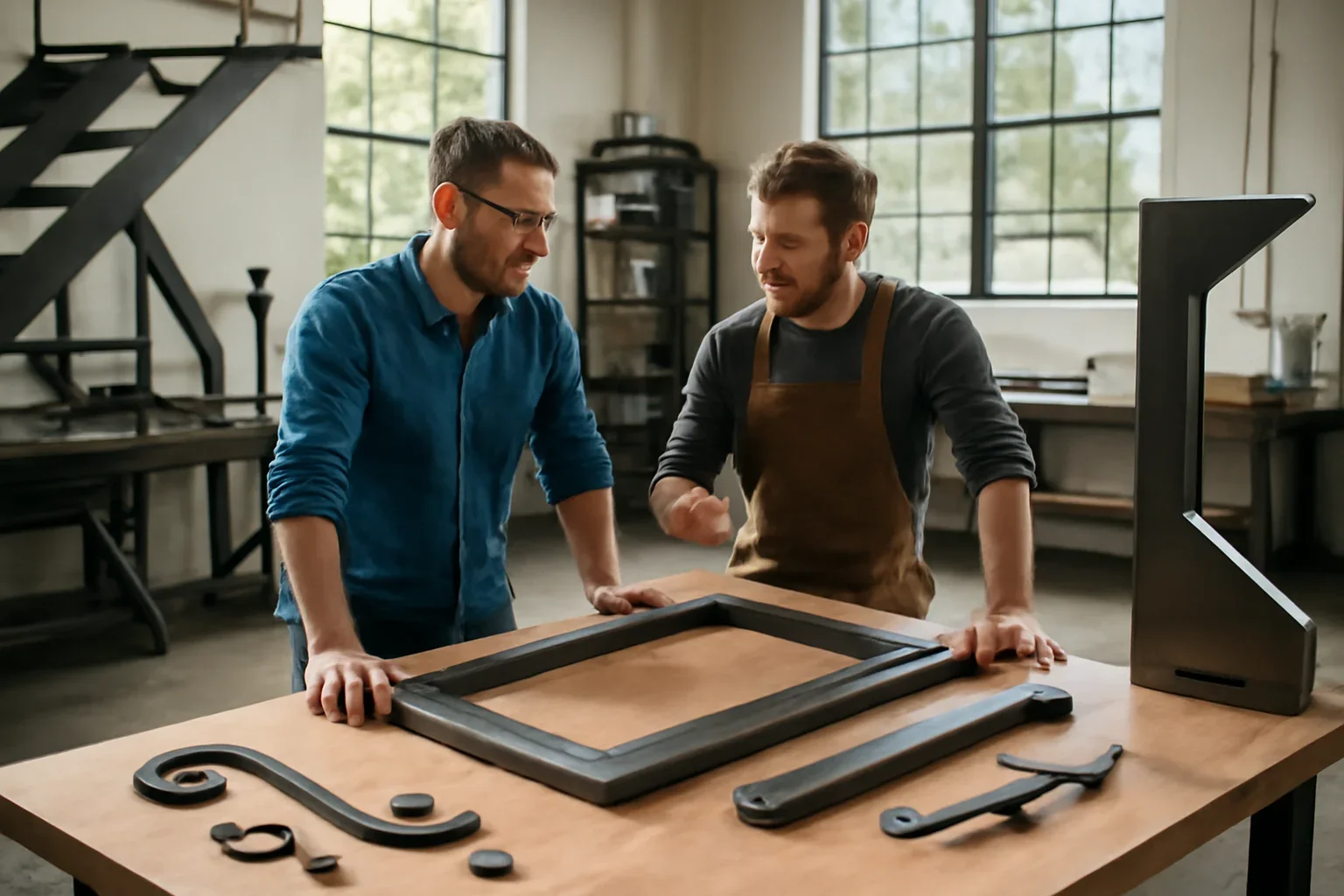 Portland Custom Metal Fabrication concept discussion with custom fabricated metal details in a bright Pacific Northwest studio