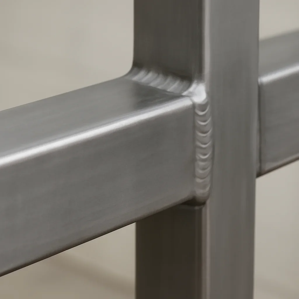 Close view of springfield or custom metal fabrication details showing finish quality, weld precision, and clean lines