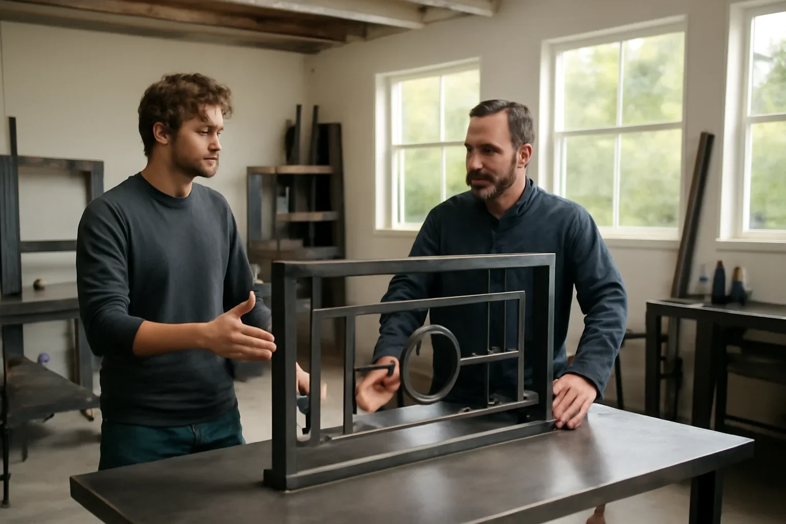 Springfield OR Custom Metal Fabrication concept discussion with custom fabricated metal details in a bright Pacific Northwest studio