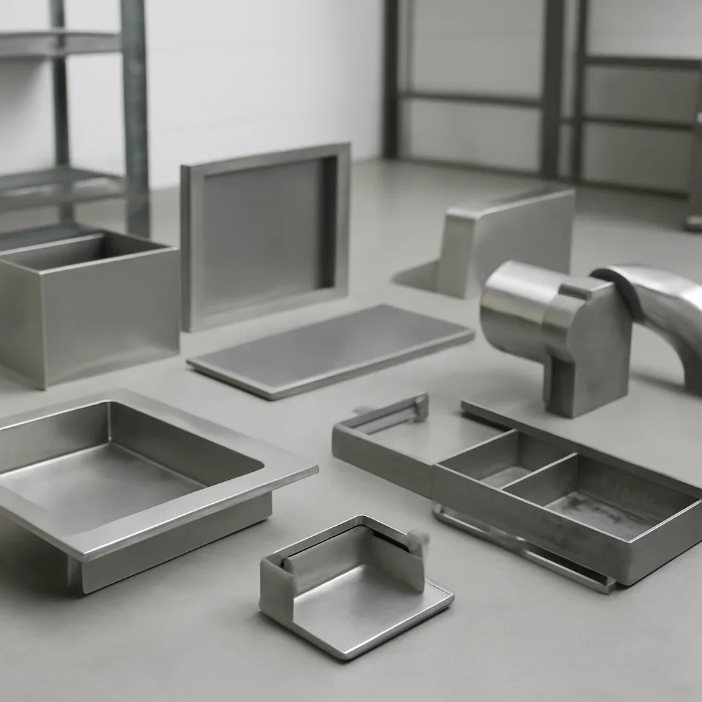 Collection of custom metal fabrication components for Washington and Oregon service areas in a clean workshop setting