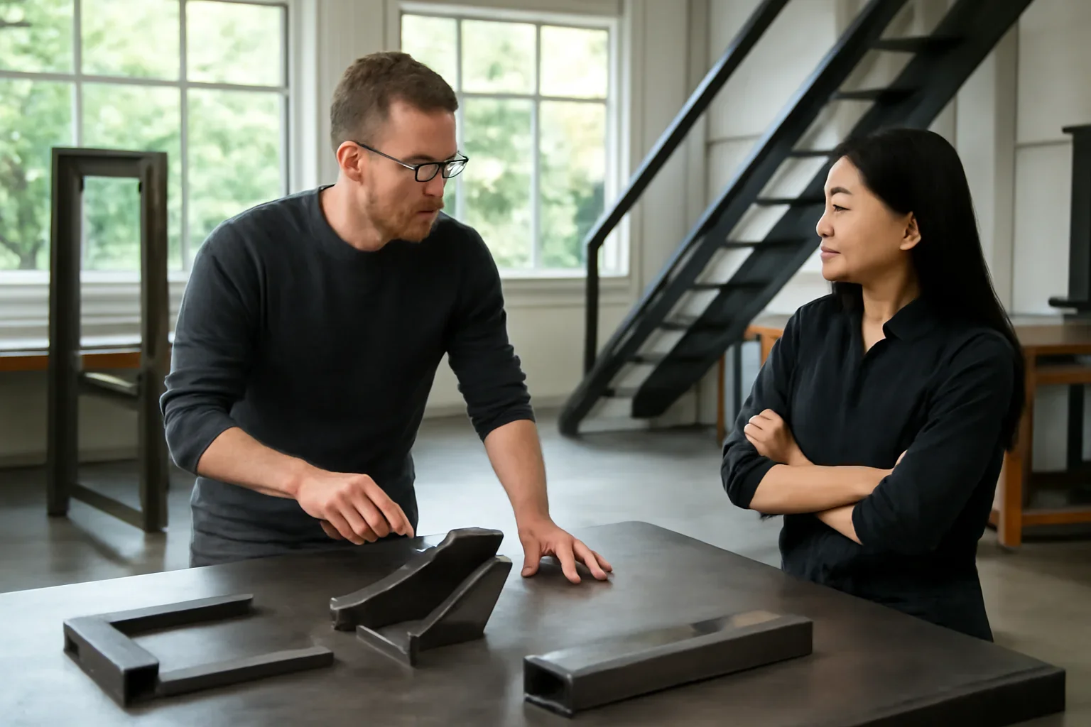Bellevue custom metal fabrication planning session with drawings, material samples and architectural metal details
