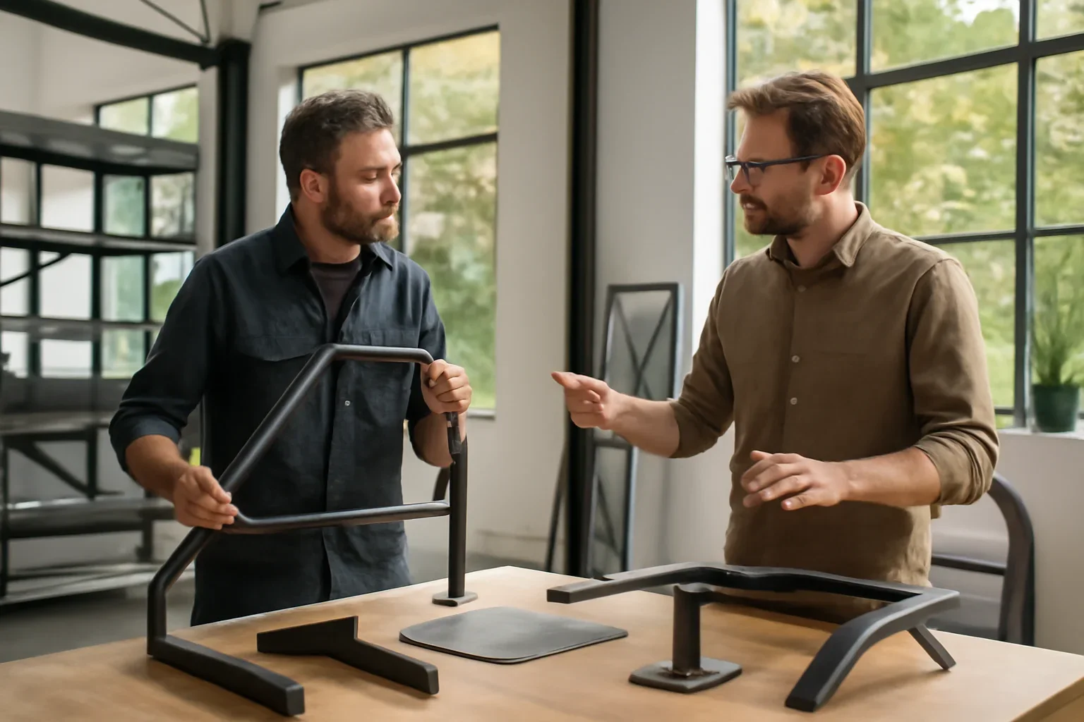 Everett custom metal fabrication concept discussion with custom fabricated metal details in a bright Pacific Northwest studio
