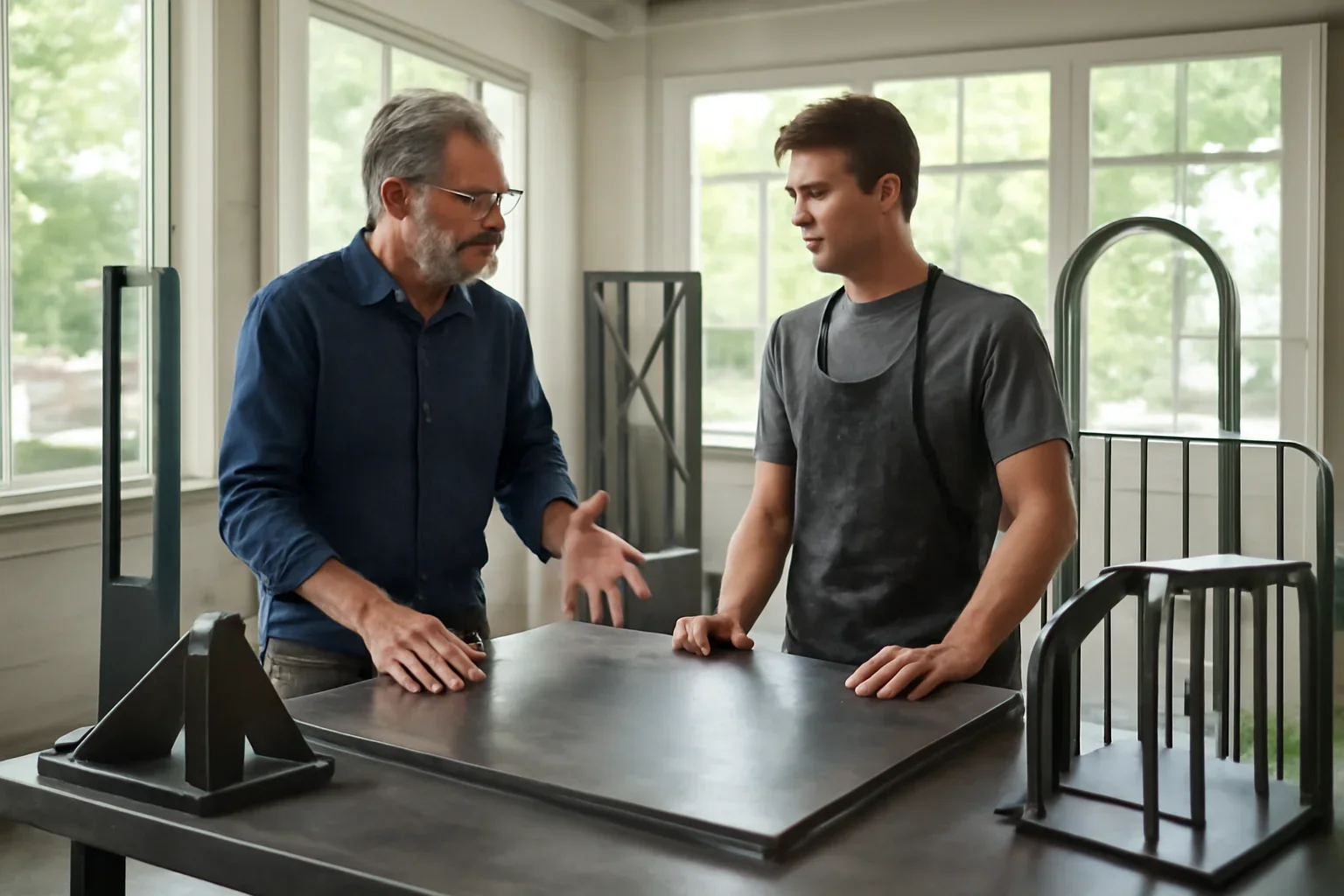 Washington metal fabrication planning session with drawings, custom metal details and material samples