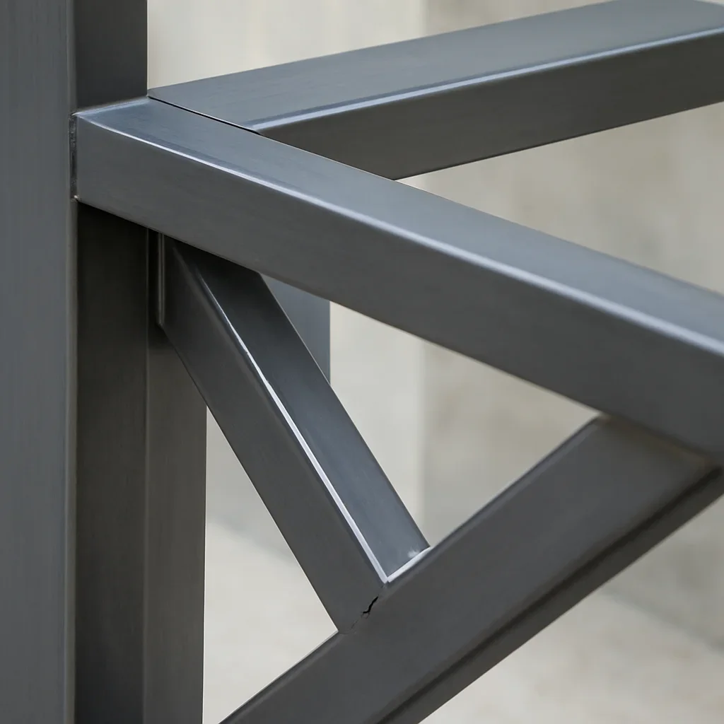 Close view of Olympia custom metal fabrication details showing finish quality, weld precision, and clean lines
