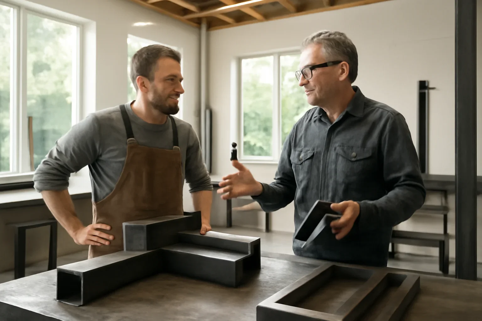 Redmond WA custom metal fabrication planning session with drawings, material samples and architectural metal details