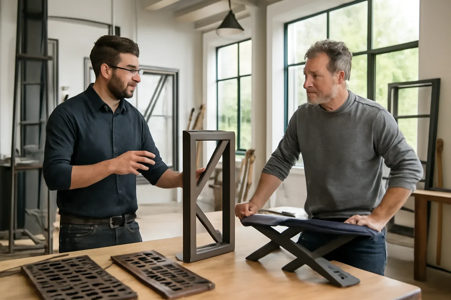 Renton custom metal fabrication planning session with drawings, material samples and architectural metal details