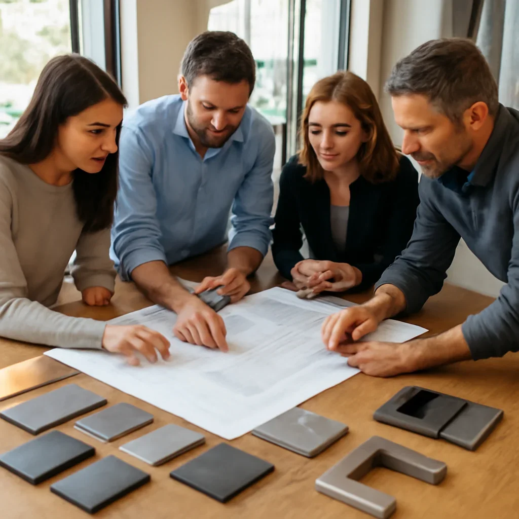 Team review for a Spokane custom metal fabrication project with drawings, finish samples, and material selections on the table