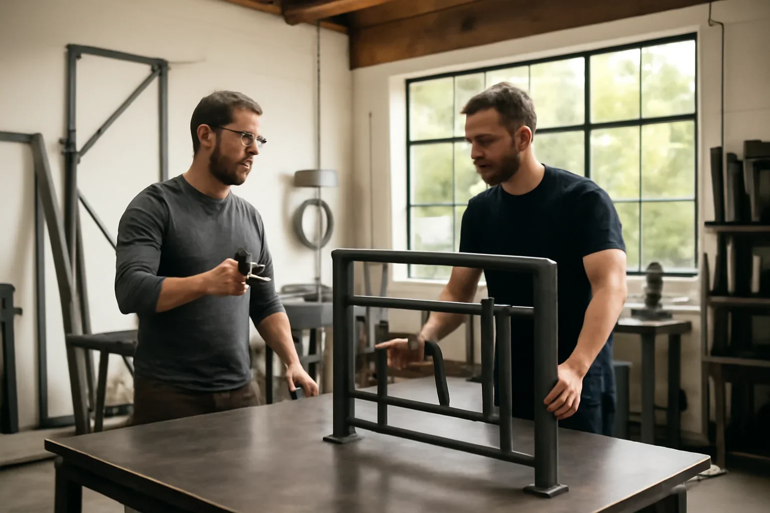 Yakima custom metal fabrication concept discussion with custom fabricated metal details in a bright Pacific Northwest studio