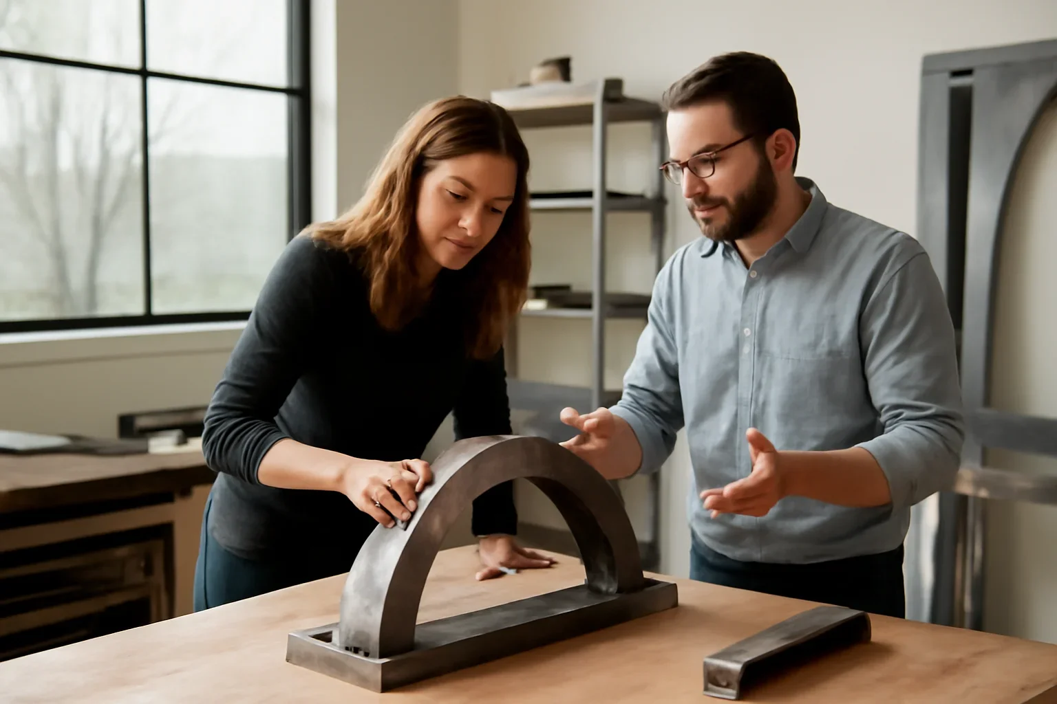 Custom metal fabrication planning session with drawings, finish samples and fabricated metal details