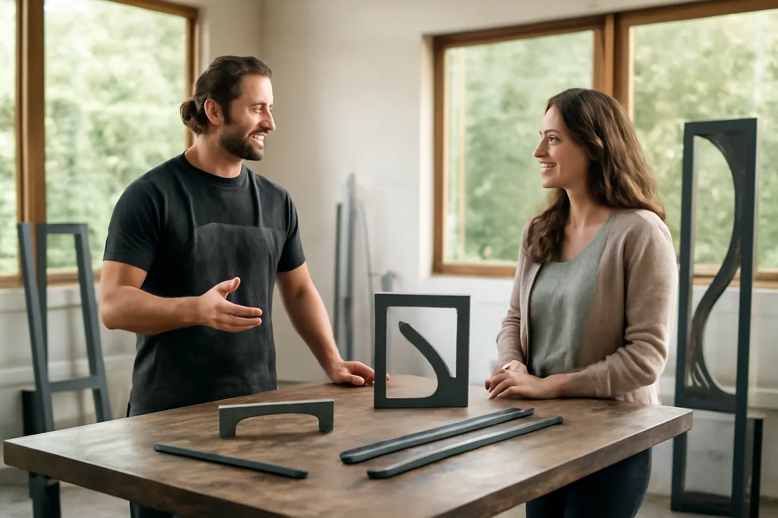 Reviews & Testimonials concept discussion with custom fabricated metal details in a bright Pacific Northwest studio