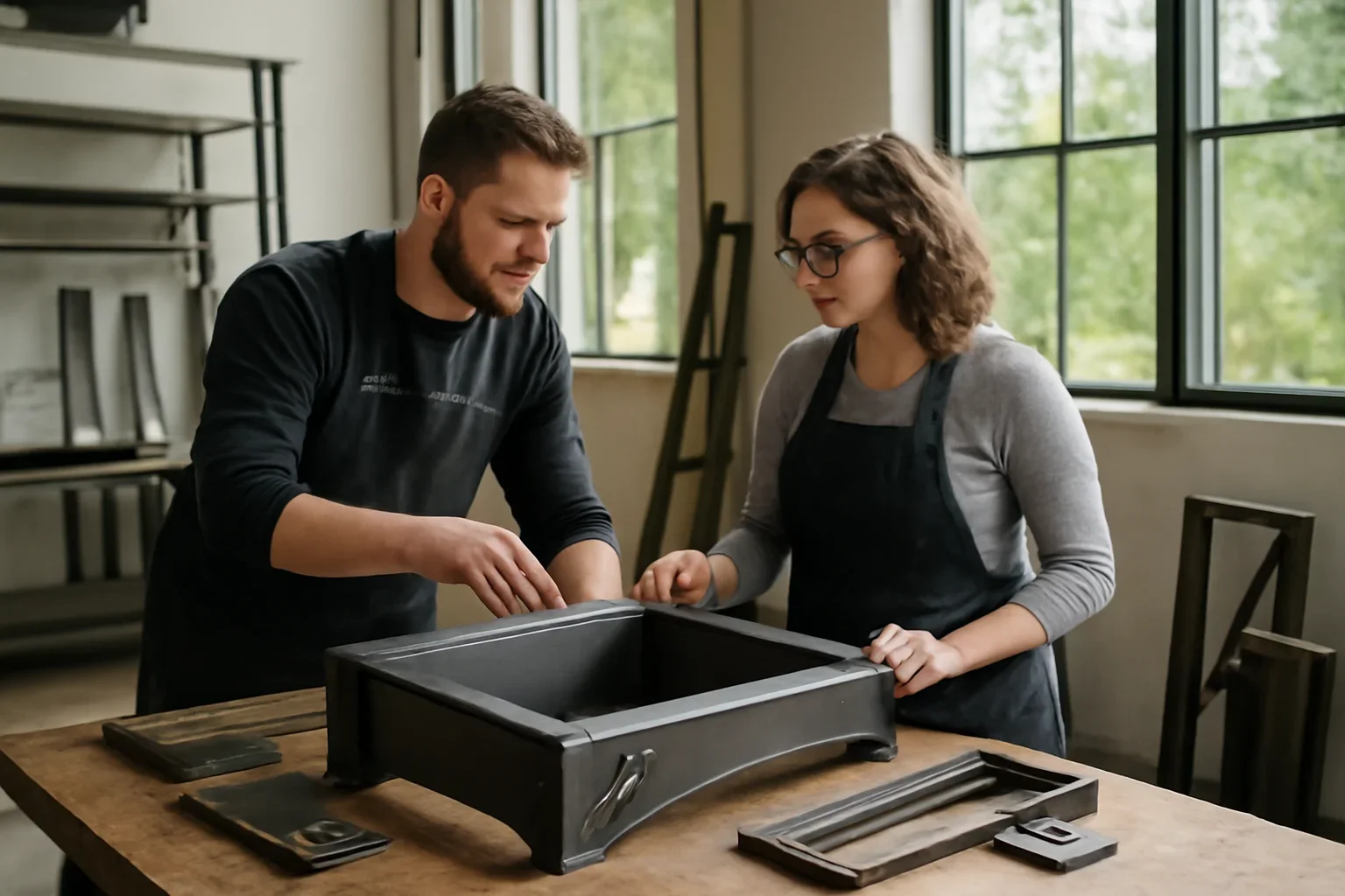 Architectural metal fabrication planning with drawings and finish samples in a Pacific Northwest studio
