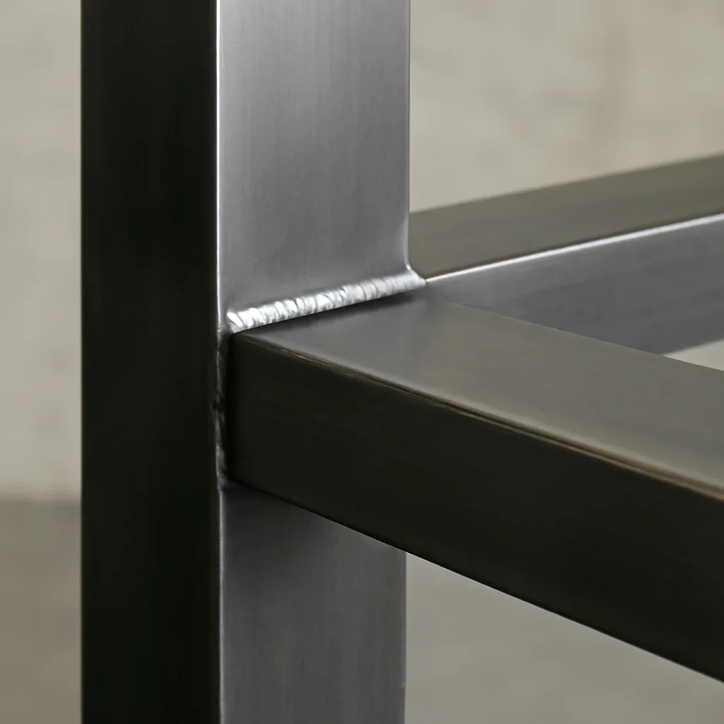 Close view of bespoke metal fabrication showing refined joints, finish consistency and custom detailing