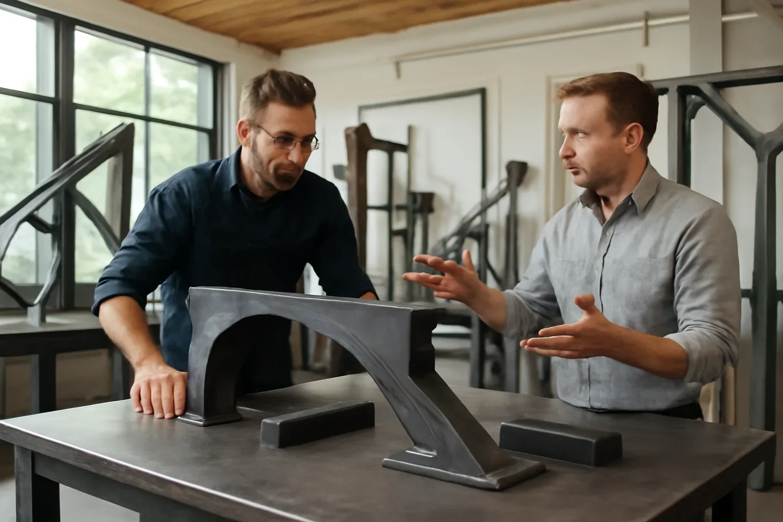 Commercial metal fabrication planning with architectural drawings and material samples for a Seattle project
