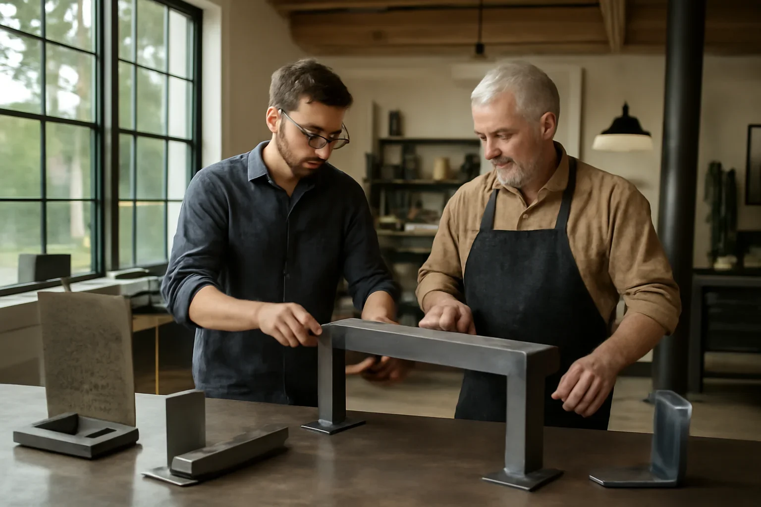 Custom metal fabrication planning with architectural drawings and material samples in Seattle