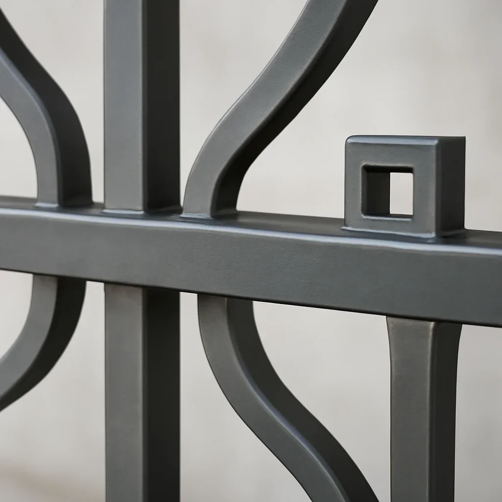 Close detail of decorative metal fabrication showing pattern, clean finish and architectural integration