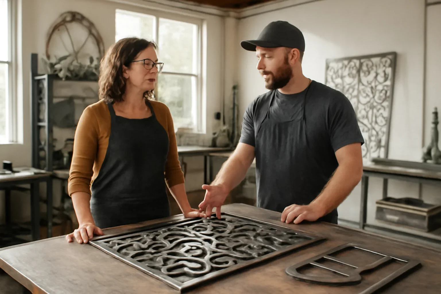Decorative metal fabrication design review with custom panel patterns and material samples in Seattle