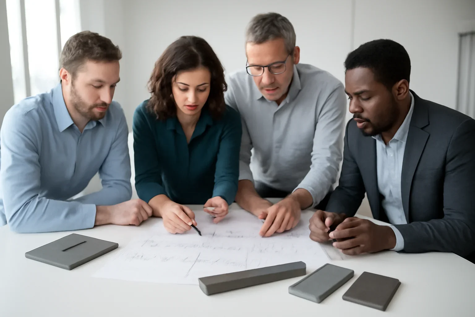 Custom metal fabrication planning with drawings and material samples
