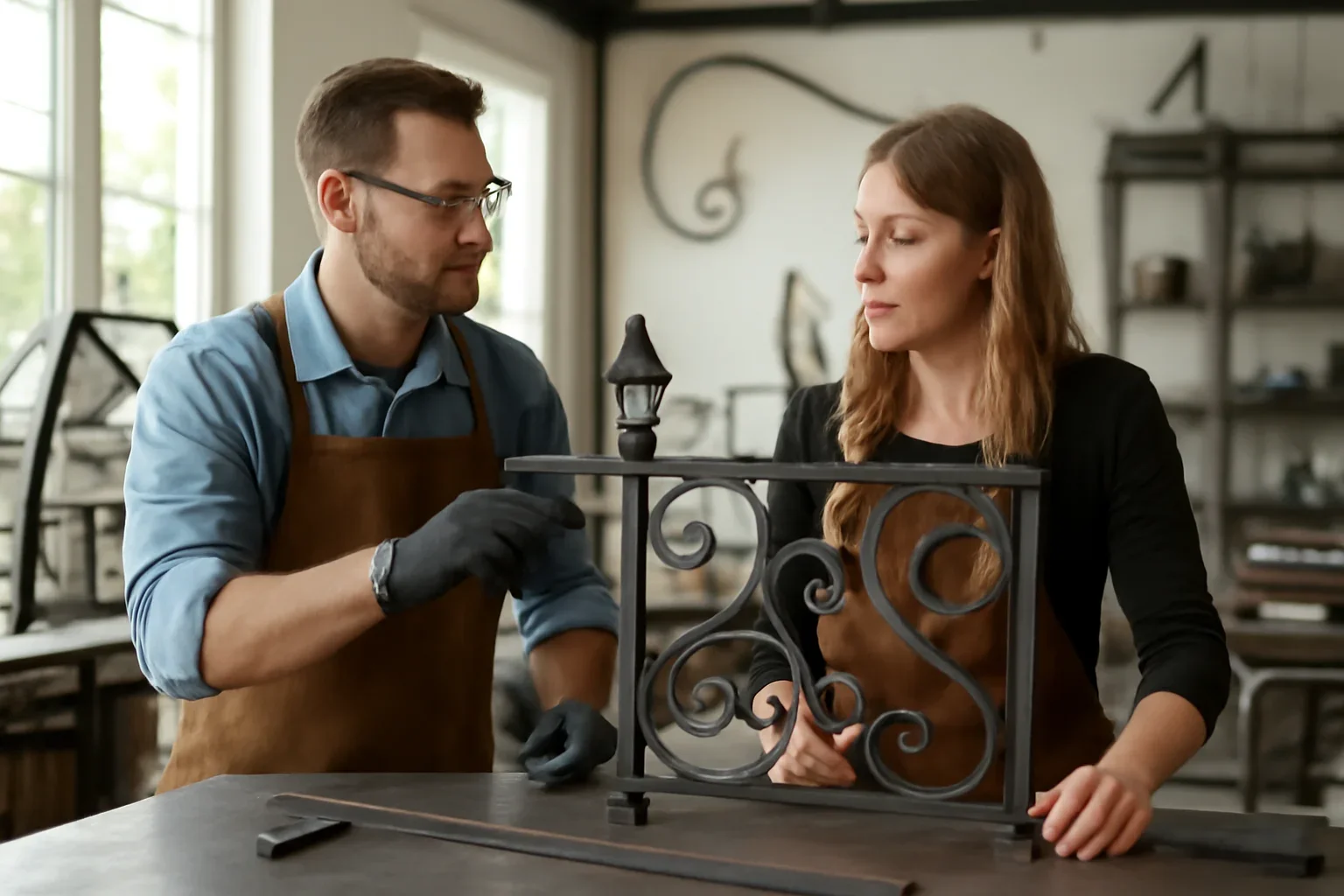 Ornamental metal fabrication design review with custom patterns and material samples for a Seattle project