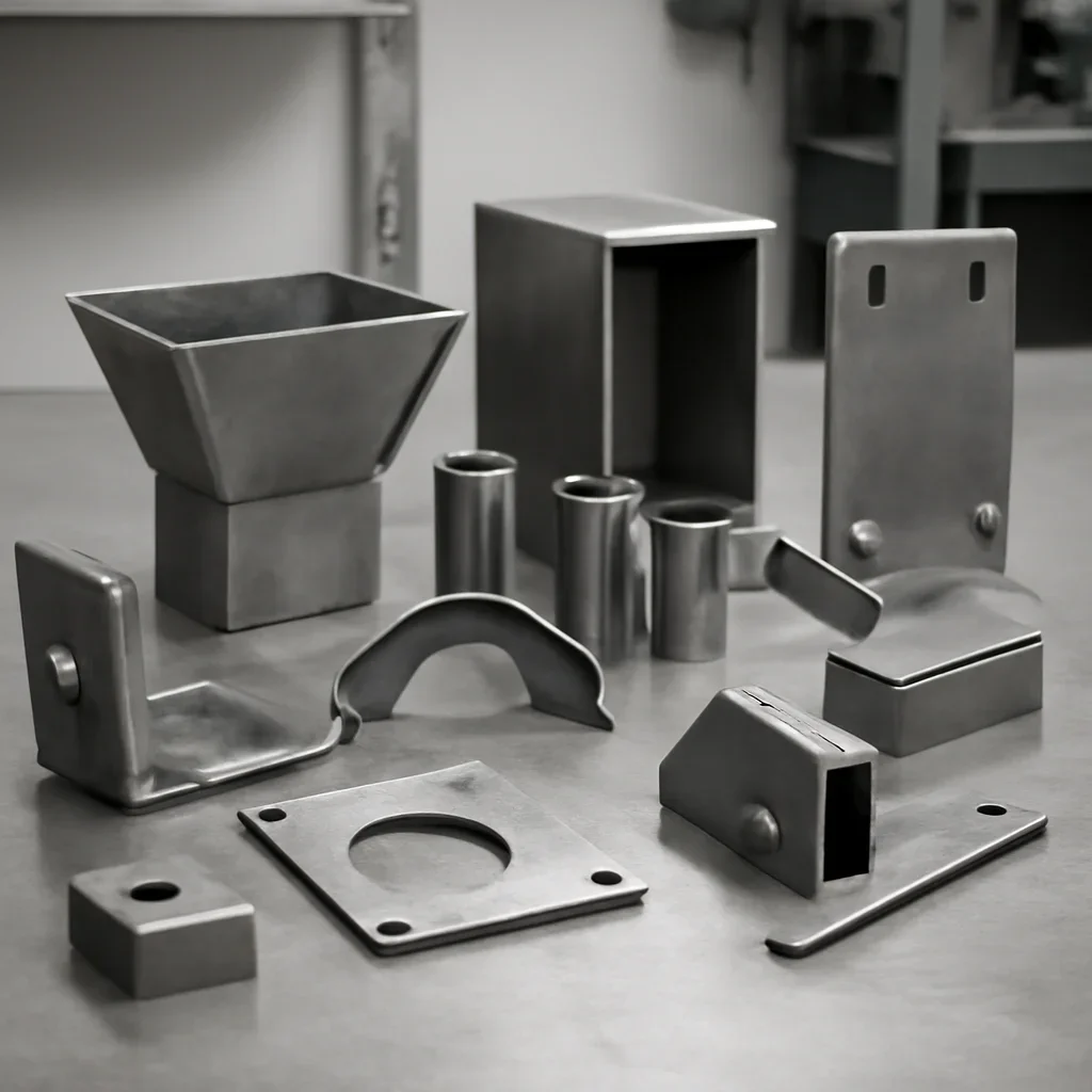 Custom metal components arranged for design and fabrication review