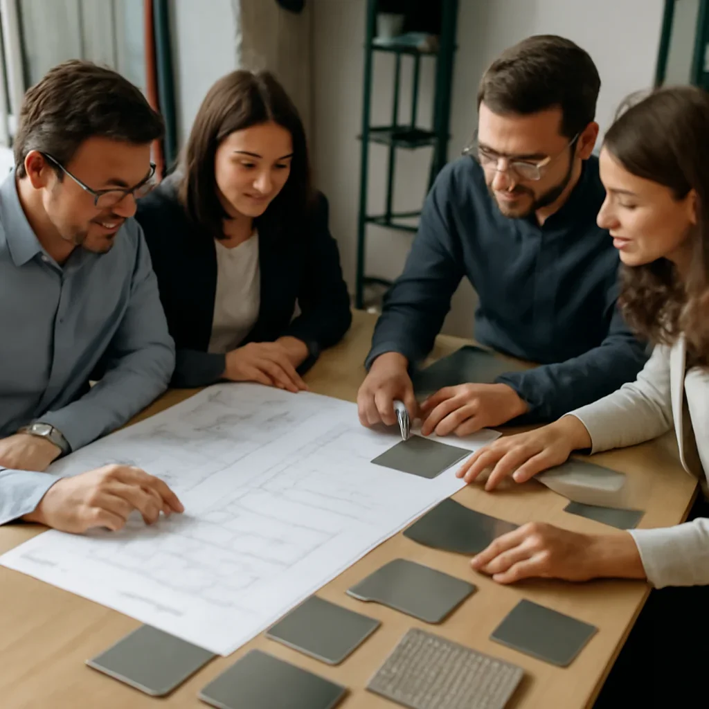 Precision metal fabrication project consultation with drawings and finish samples