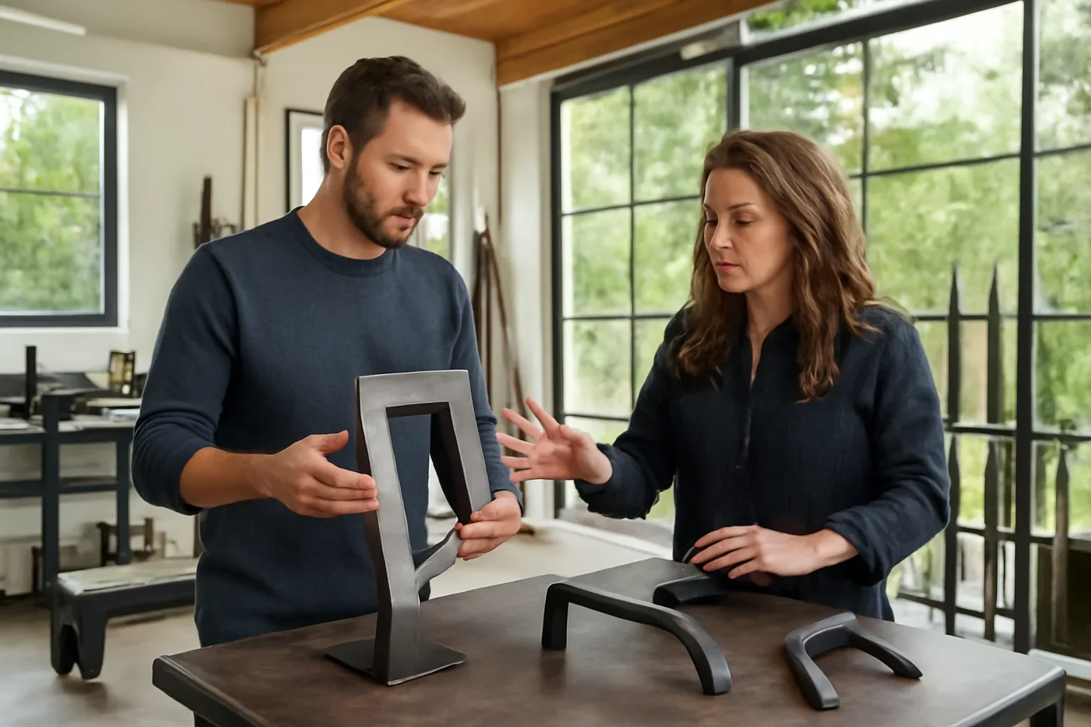 Residential metal fabrication planning with home drawings, metal samples and finish selections in Seattle