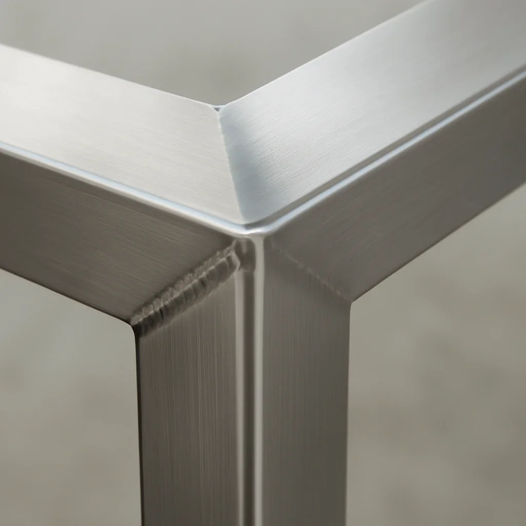 Close view of stainless steel fabrication showing weld refinement and a consistent architectural finish